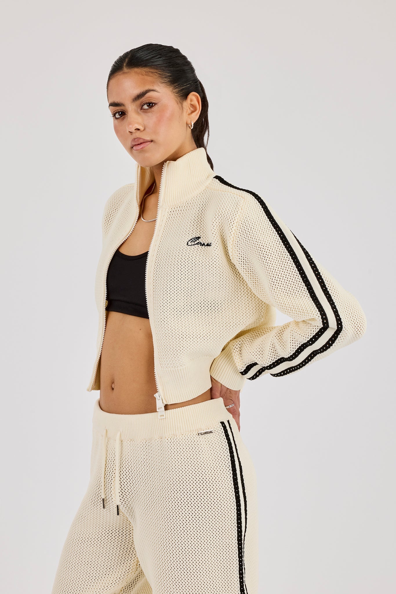 Knitted Taping Funnel Neck Track Jacket - Off White